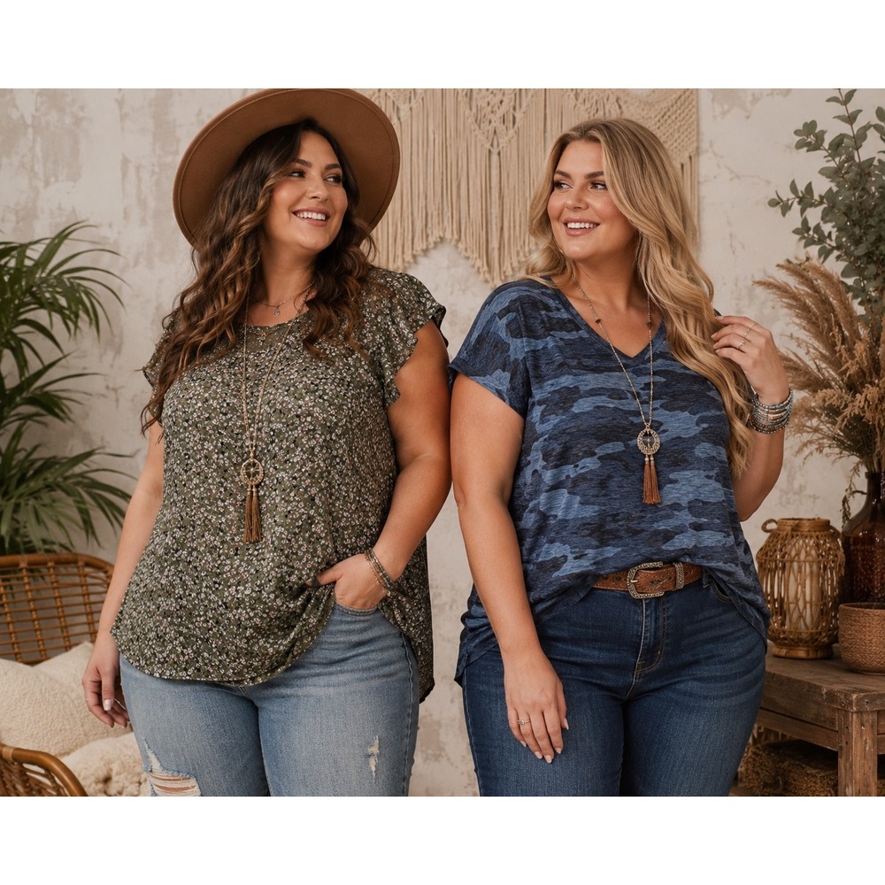 Lucky Brand T-Shirt Bundle Women 2X Green Blue Floral Camo Short Sleeve Tops